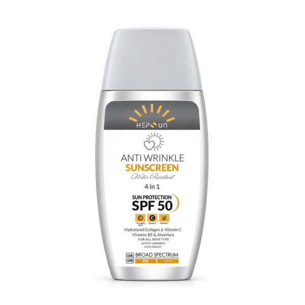 کرم ضد آفتاب و ضد چروک بدون رنگ هپسان SPF50 مدل 4 در1، انواع پوست حجم 50 میلی لیتر